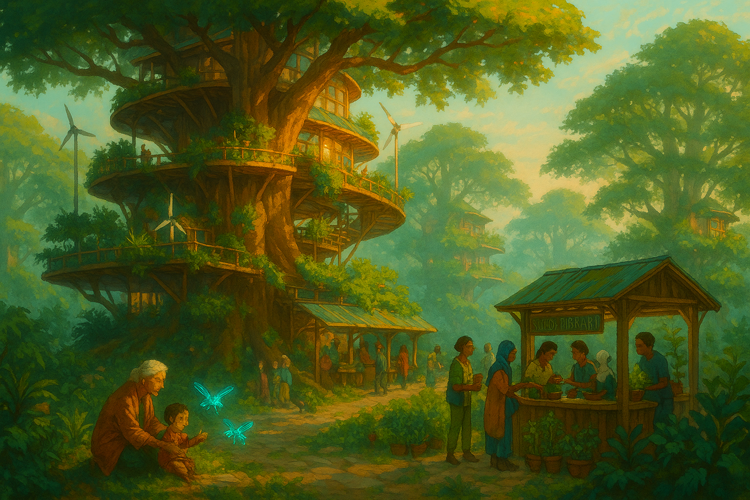 Canopy Commons – a towering tree‑house community at dawn