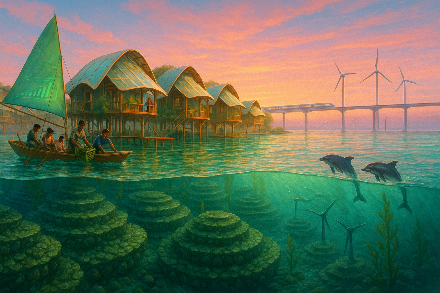 Tidal Symbiosis – floating bamboo village above an oyster reef at sunset