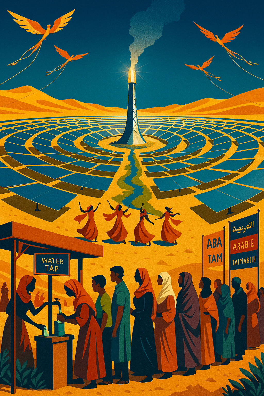 Desert Festival – heliostat array and dancers around a solar tower