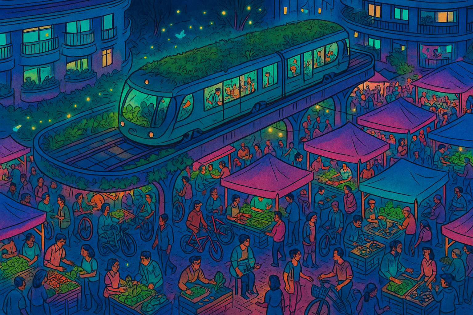 Night Market on an elevated green tram loop