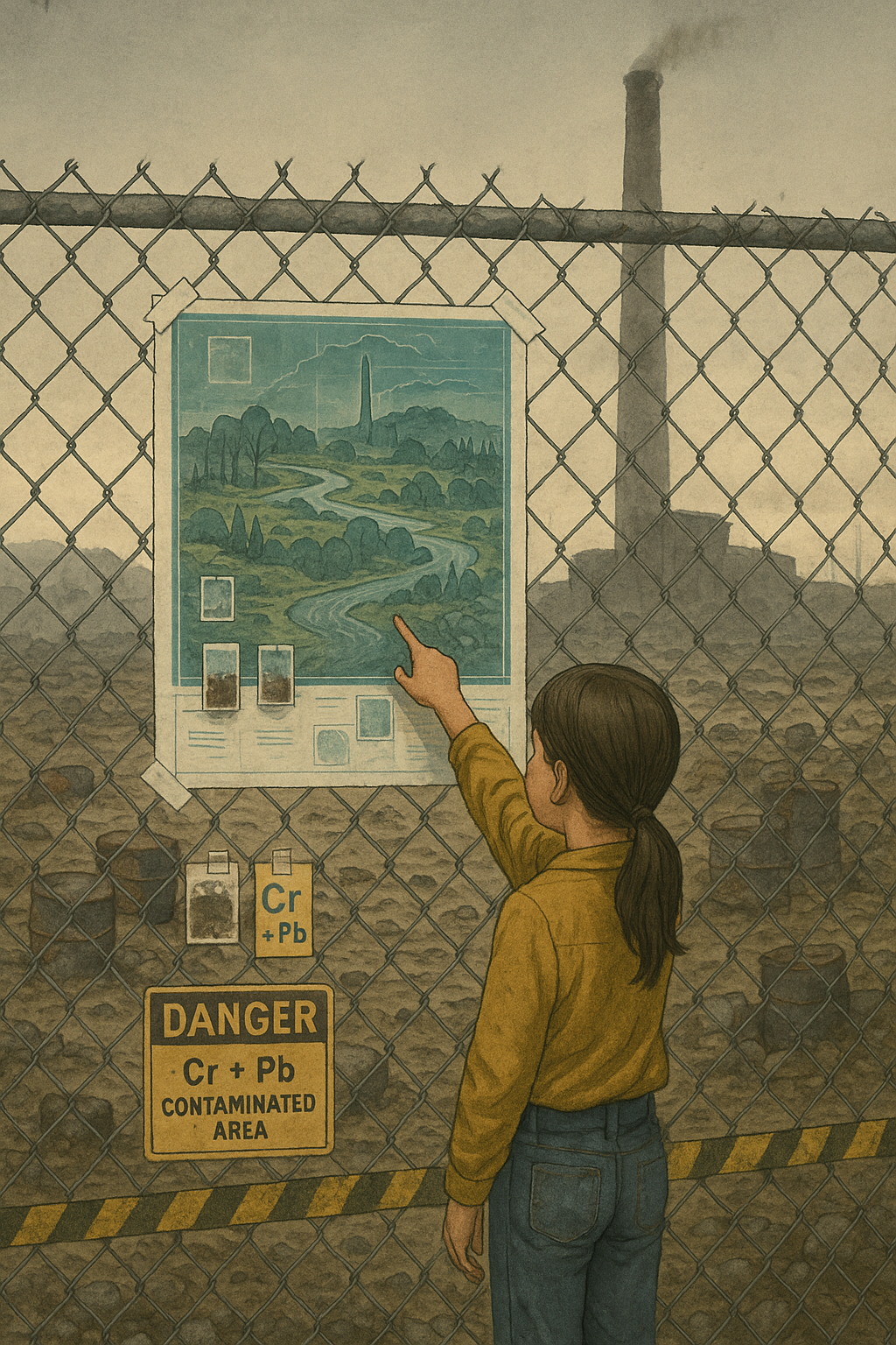 Plate 1 – Young girl pointing at a restoration blueprint on a fence