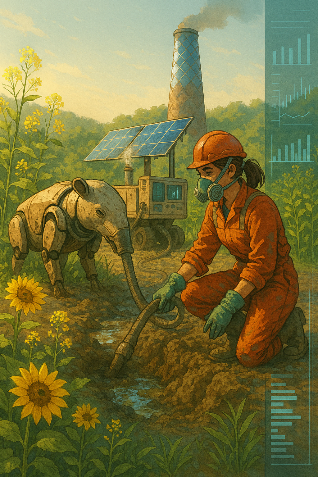 Plate 2 – Woman and tapir‑bot cleaning soil among sunflowers