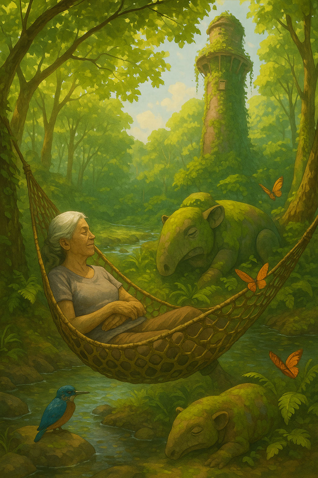 Plate 3 – Elderly woman resting in hammock amid restored forest